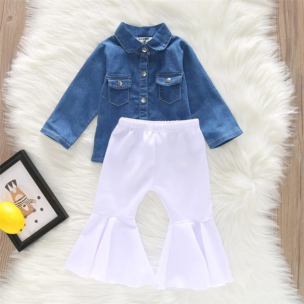 Girls Denim Long Sleeve Button Jacket & Flare Pants