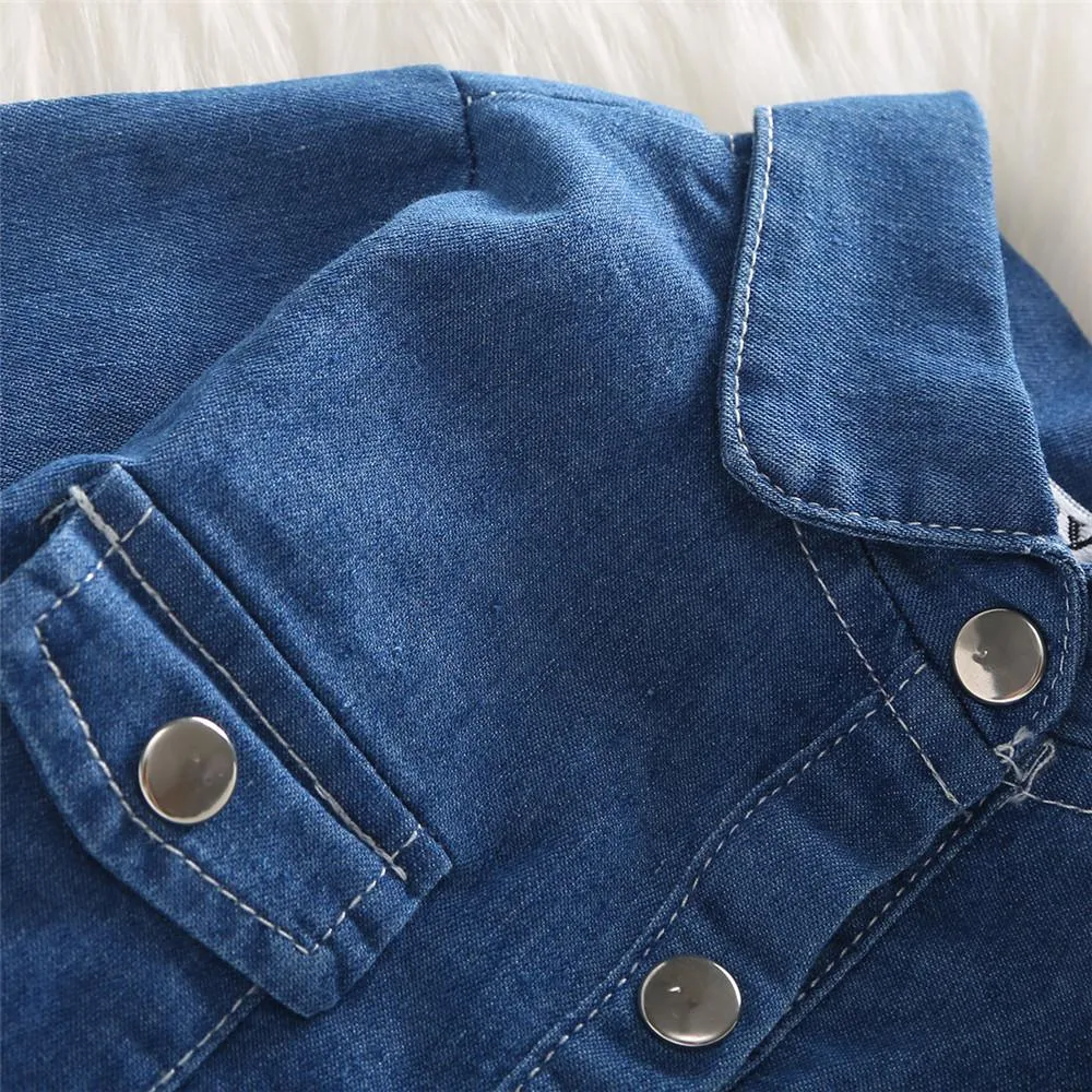 Girls Denim Long Sleeve Button Jacket & Flare Pants