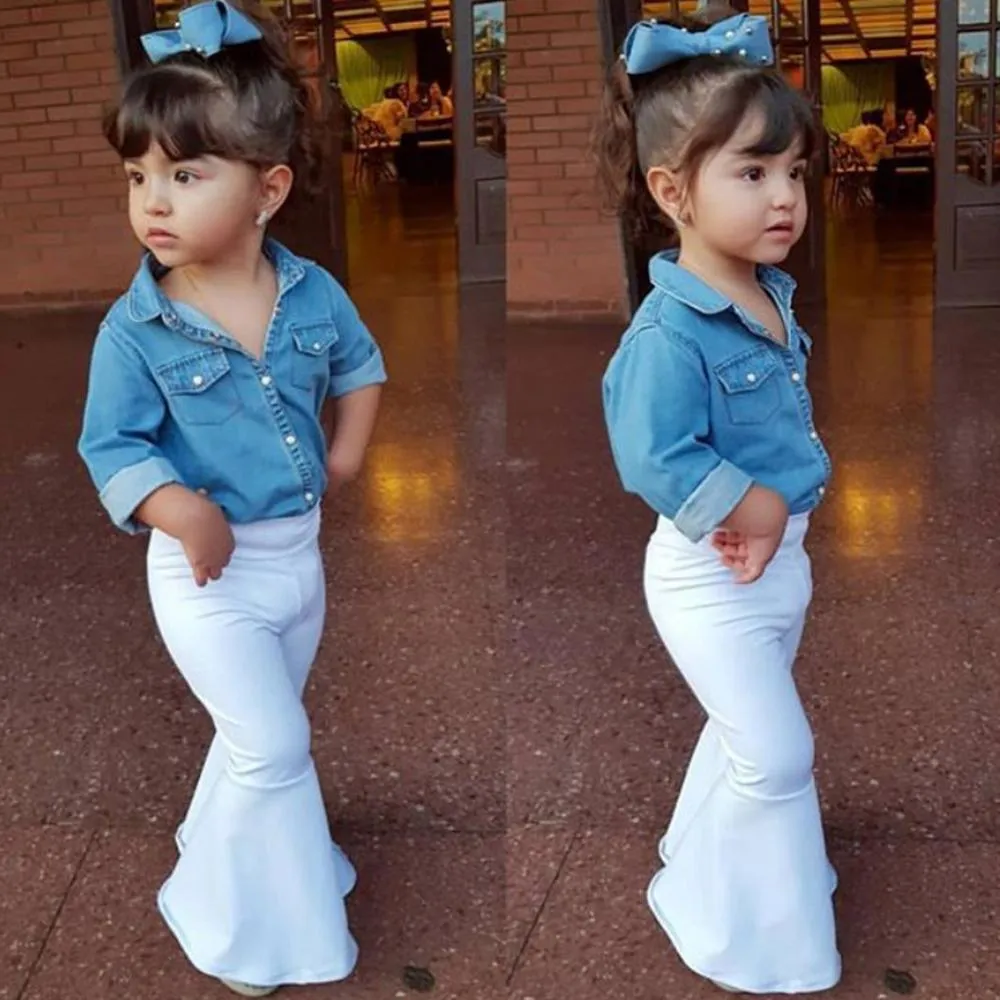 Girls Denim Long Sleeve Button Jacket & Flare Pants