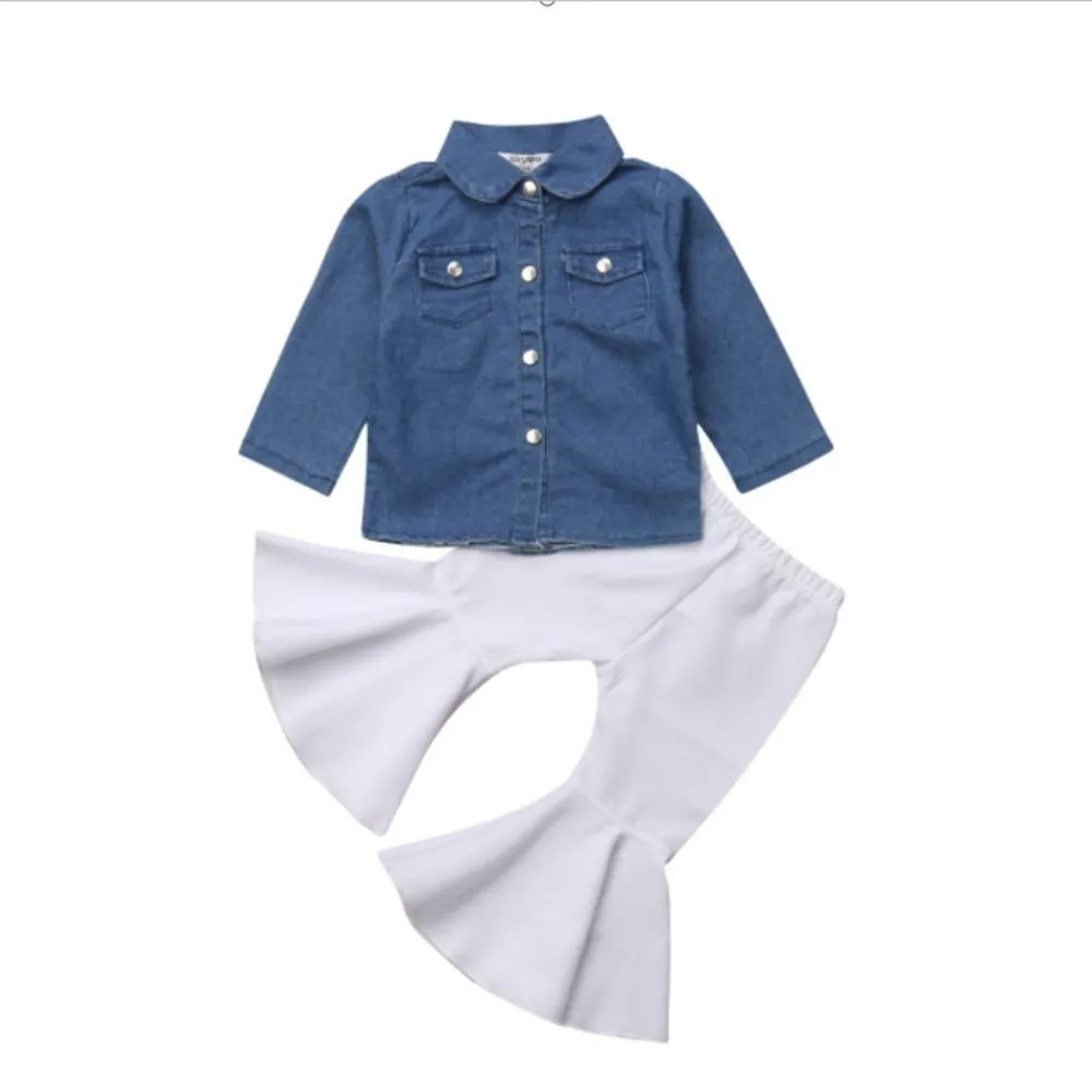 Girls Denim Long Sleeve Button Jacket & Flare Pants