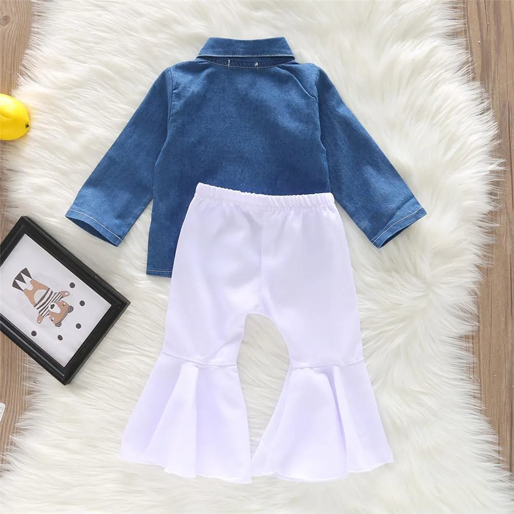 Girls Denim Long Sleeve Button Jacket & Flare Pants