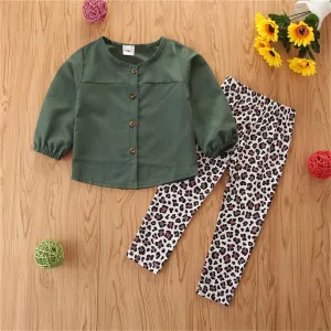 Girls Solid Long Sleeve Button Blouse & Leopard Pants Toddler Girls Wholesale