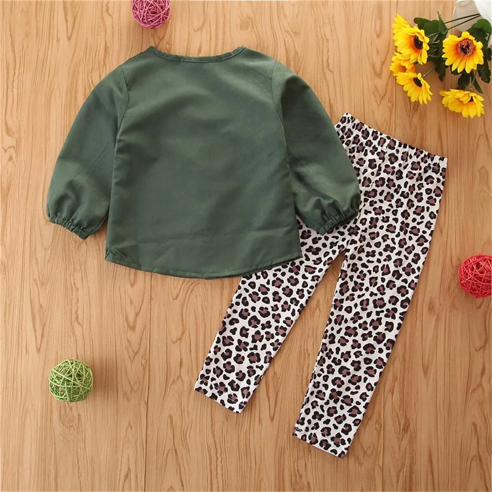 Girls Solid Long Sleeve Button Blouse & Leopard Pants Toddler Girls Wholesale