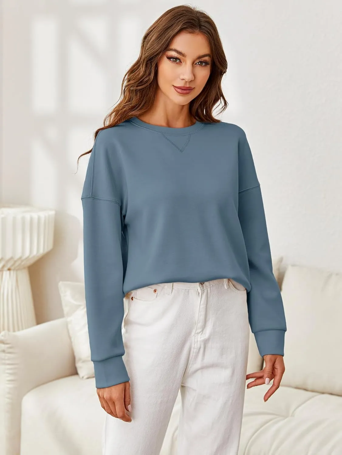 Glamaker Women's Crewneck Cropped Sweatshirt Pullover Stripe Air Essentials Basic Long Sleeve Shirts Casual Loose Fit Outfits