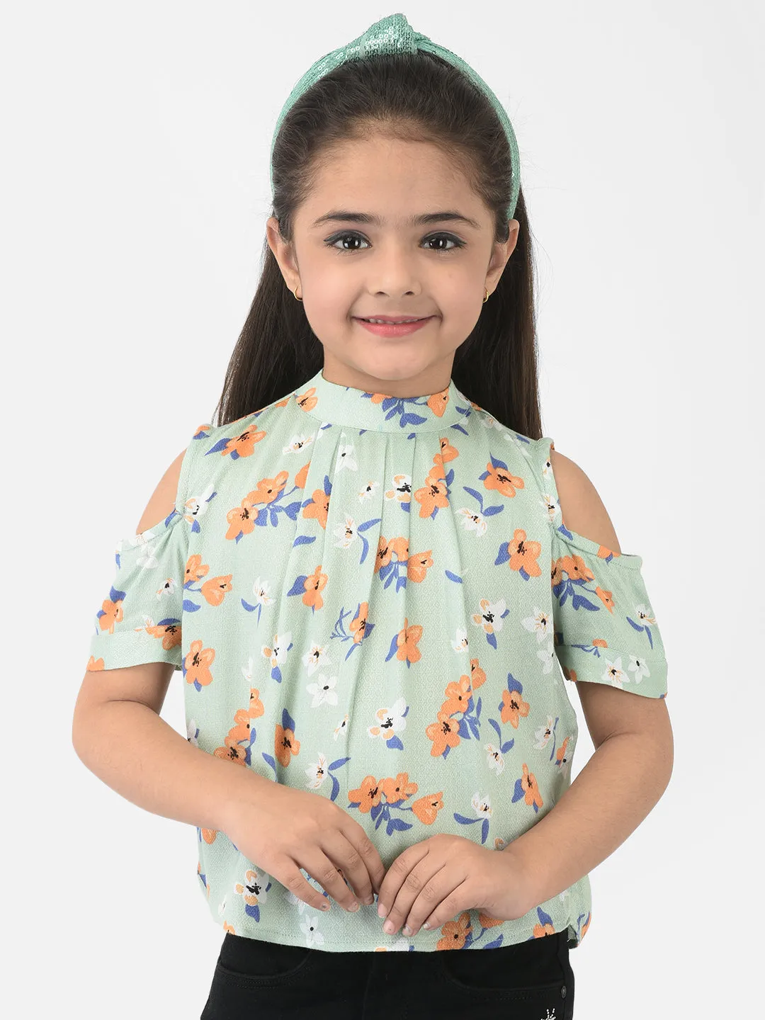 Green Cold Shoulder Sleeves Floral Printed Top