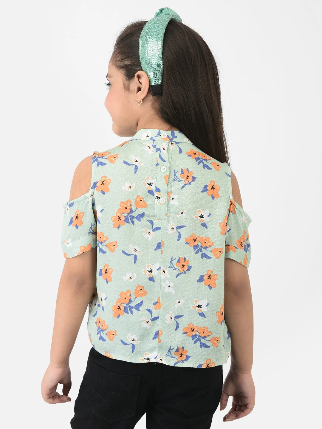 Green Cold Shoulder Sleeves Floral Printed Top