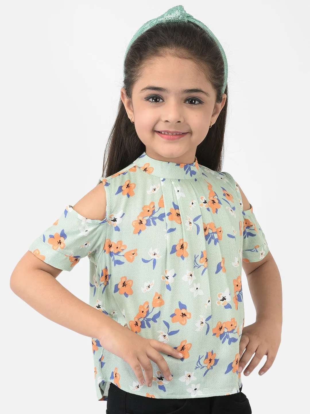 Green Cold Shoulder Sleeves Floral Printed Top