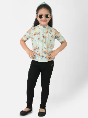 Green Cold Shoulder Sleeves Floral Printed Top