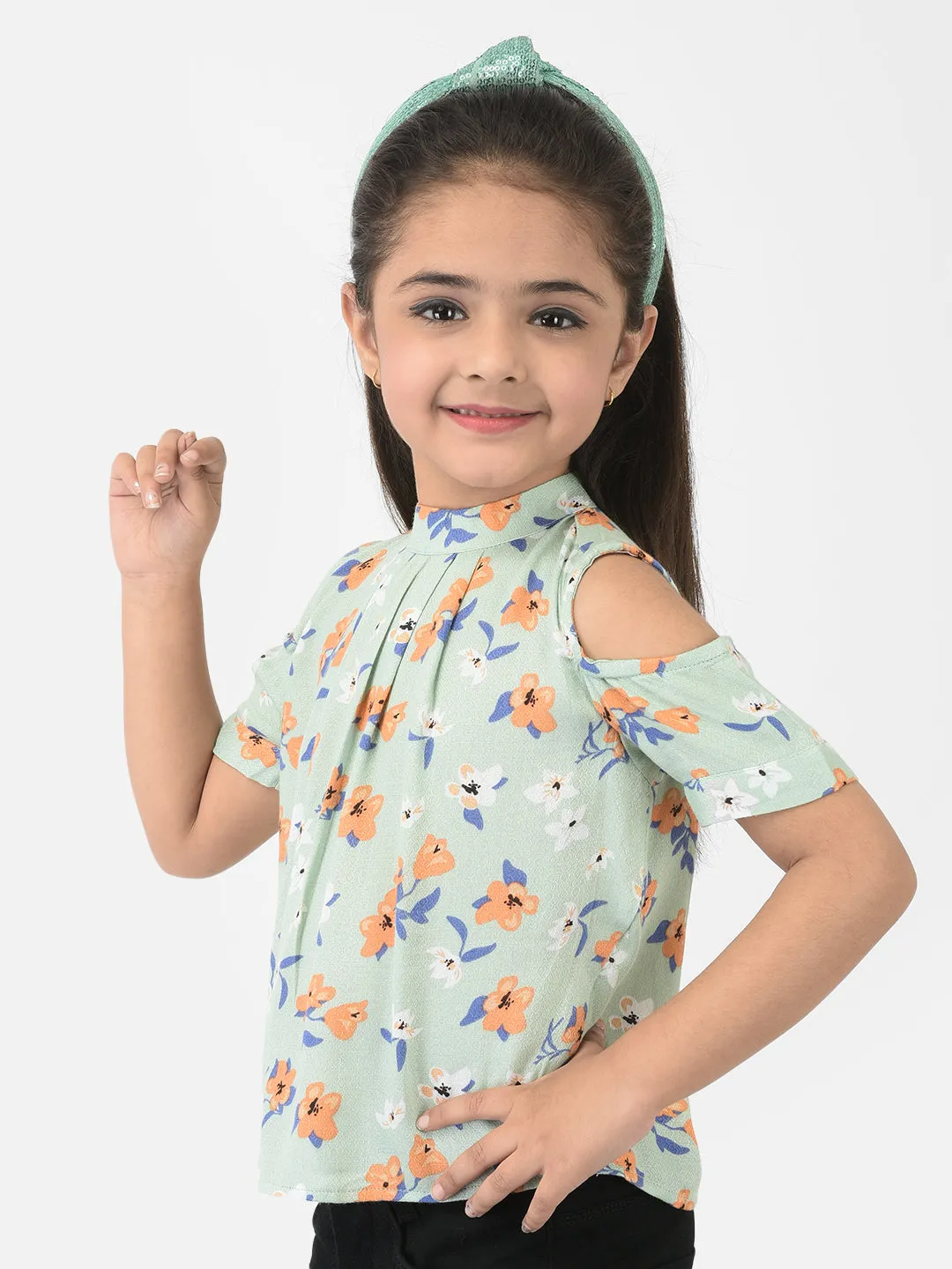 Green Cold Shoulder Sleeves Floral Printed Top