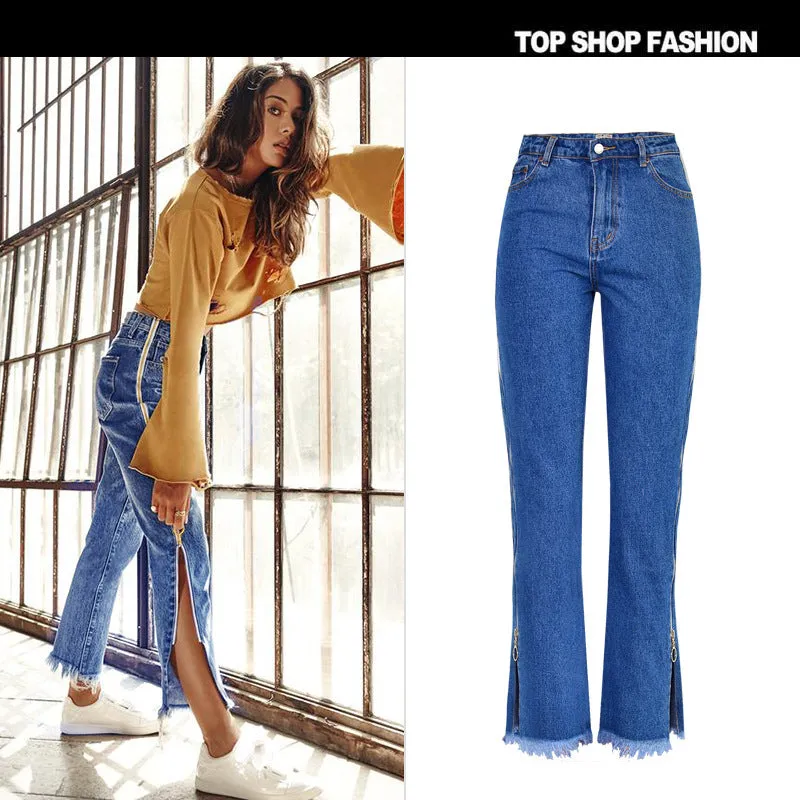 High Waist Loose Side Split Bell-bottomed Long Jeans Demin Pants