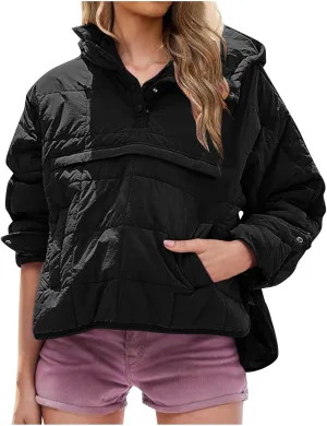 Jackets for Women Oversized Puffer Jacket Lightweight Long Sleeve Warm Quilted Pullover Winter Coat with Pockets