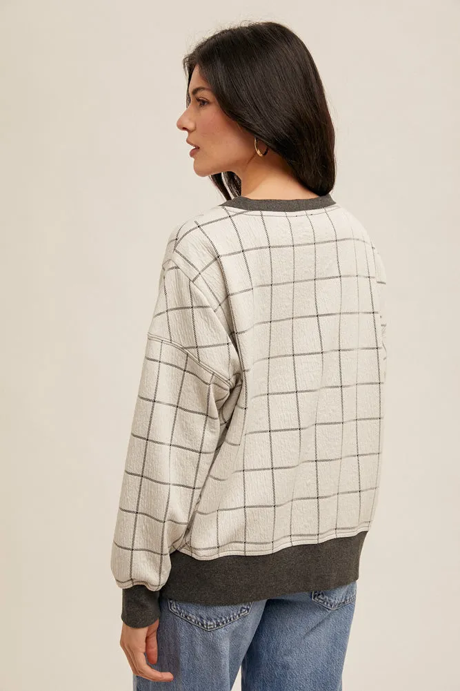 Jaquard Check Motif Sweater in Off White by Hem & Thread