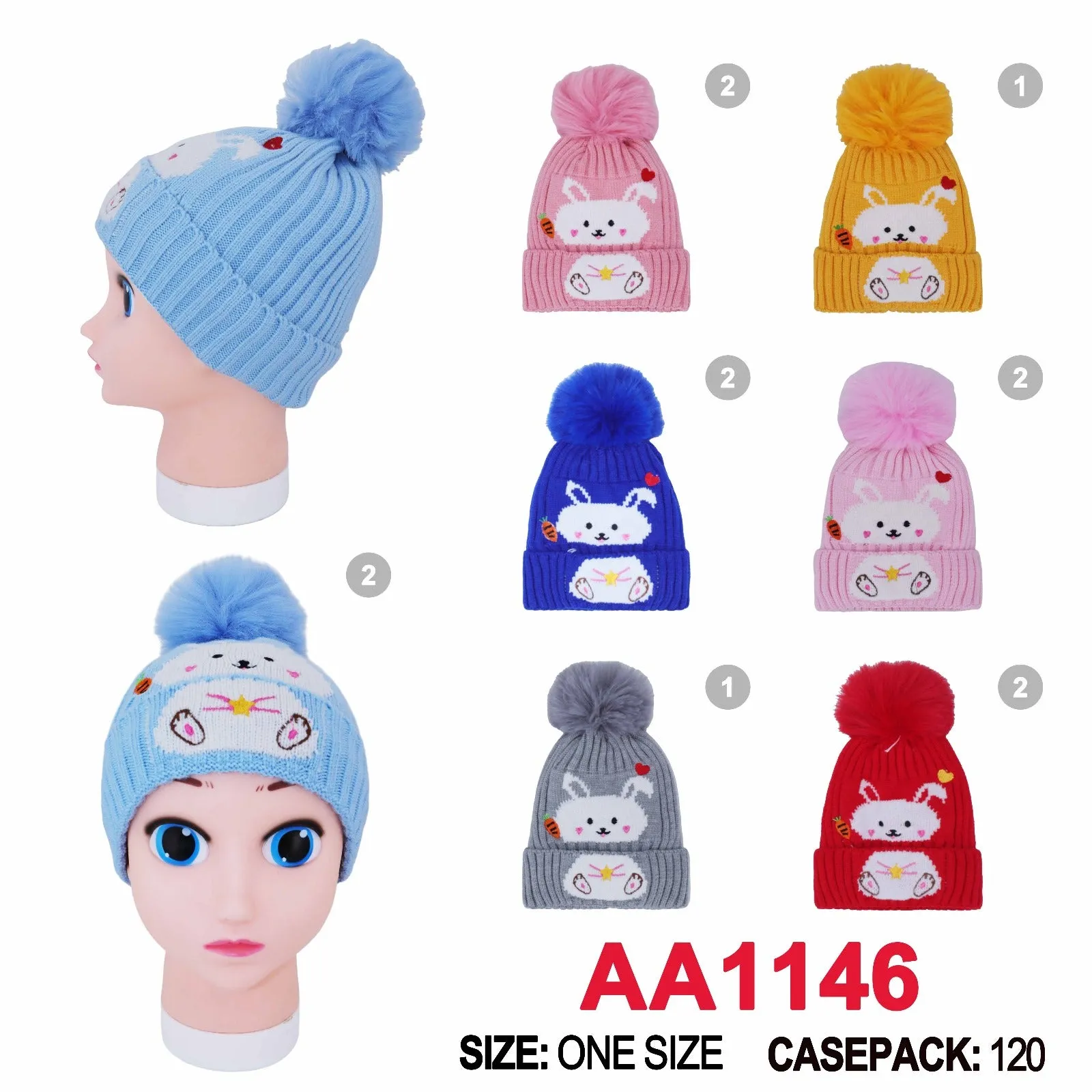 Kids Boys Girls Children Cute Rabbit Winter Warm Hats Caps With Pom AA1146