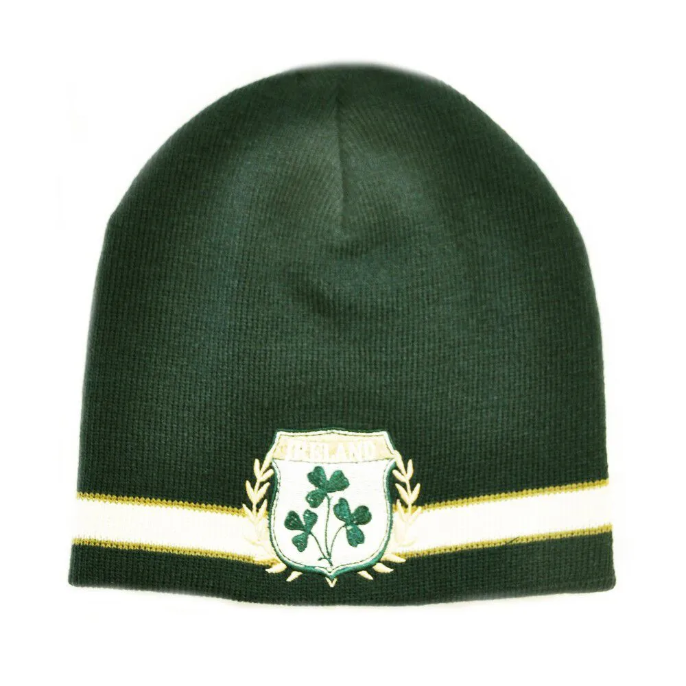 Knitted Hat With Embroidered Ireland Crest & Shamrocks Green