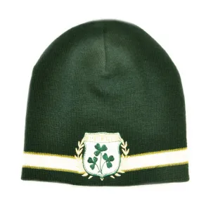 Knitted Hat With Embroidered Ireland Crest & Shamrocks Green