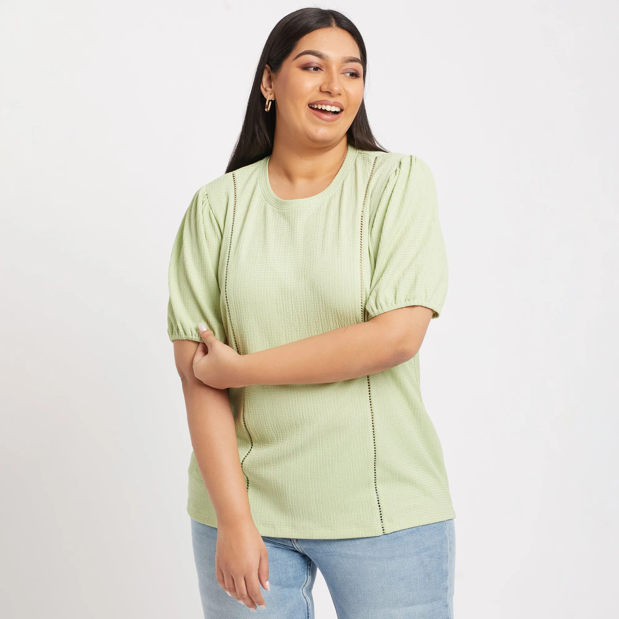 Lace Insert Texture Knit Plus Size Top