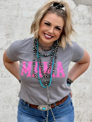 MAMA in Neon Pink Ink on Grey Boyfriend Tee