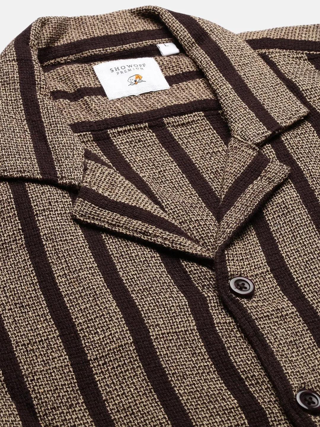 Men Cuban Collar Striped Brown Relaxed Fit Casual Shirt
