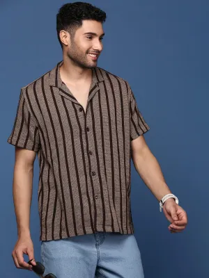 Men Cuban Collar Striped Brown Relaxed Fit Casual Shirt