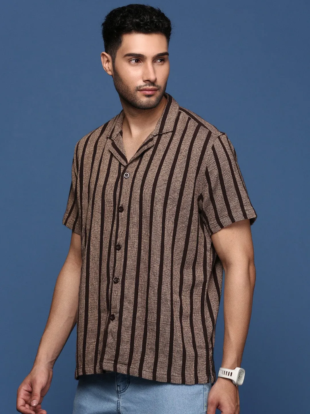 Men Cuban Collar Striped Brown Relaxed Fit Casual Shirt