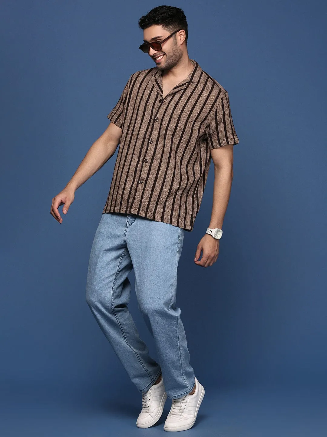 Men Cuban Collar Striped Brown Relaxed Fit Casual Shirt