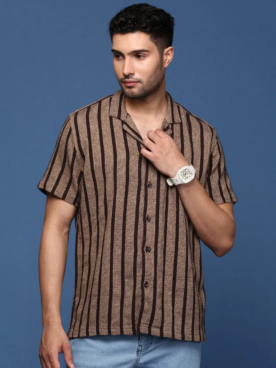 Men Cuban Collar Striped Brown Relaxed Fit Casual Shirt