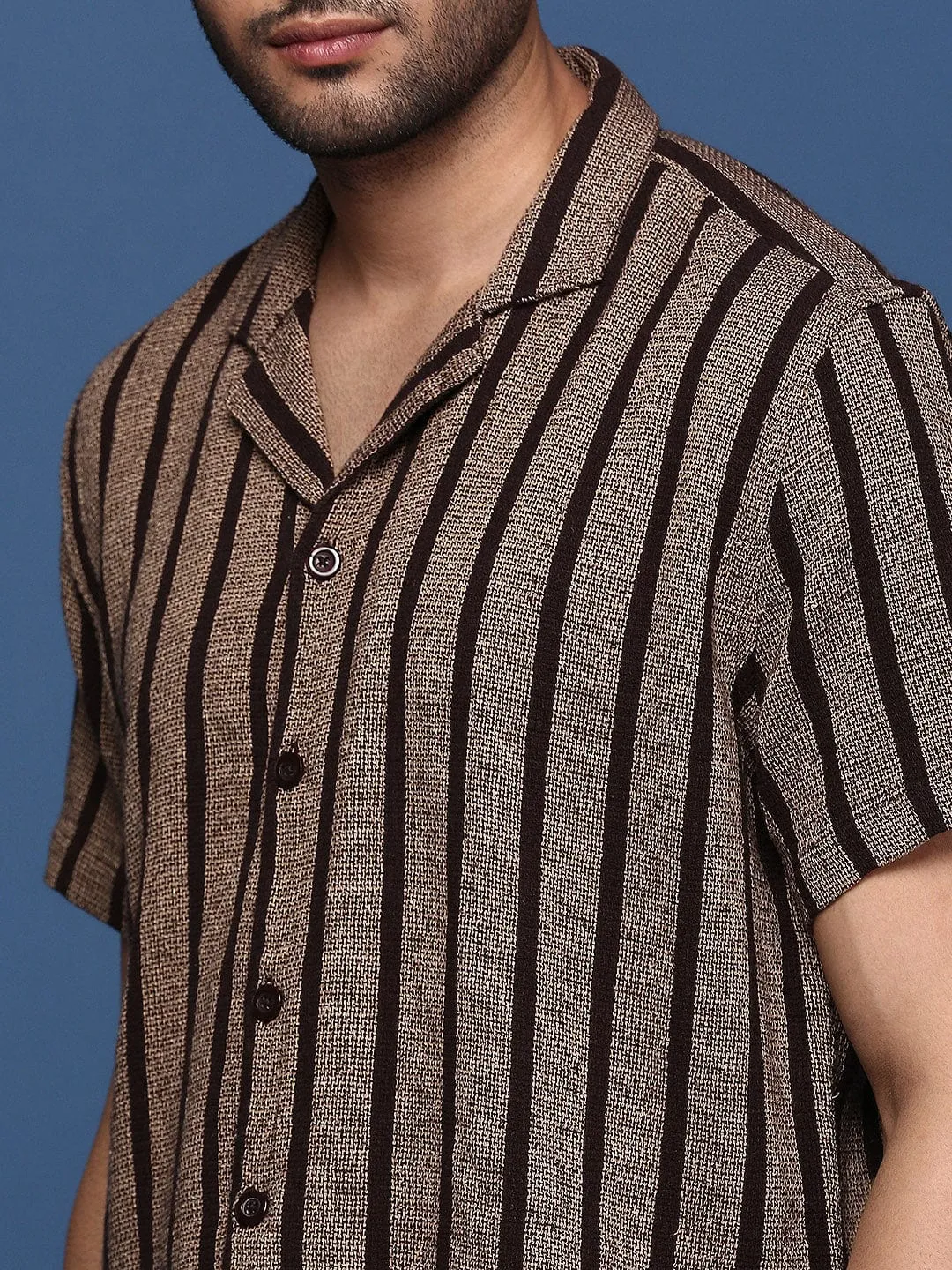 Men Cuban Collar Striped Brown Relaxed Fit Casual Shirt