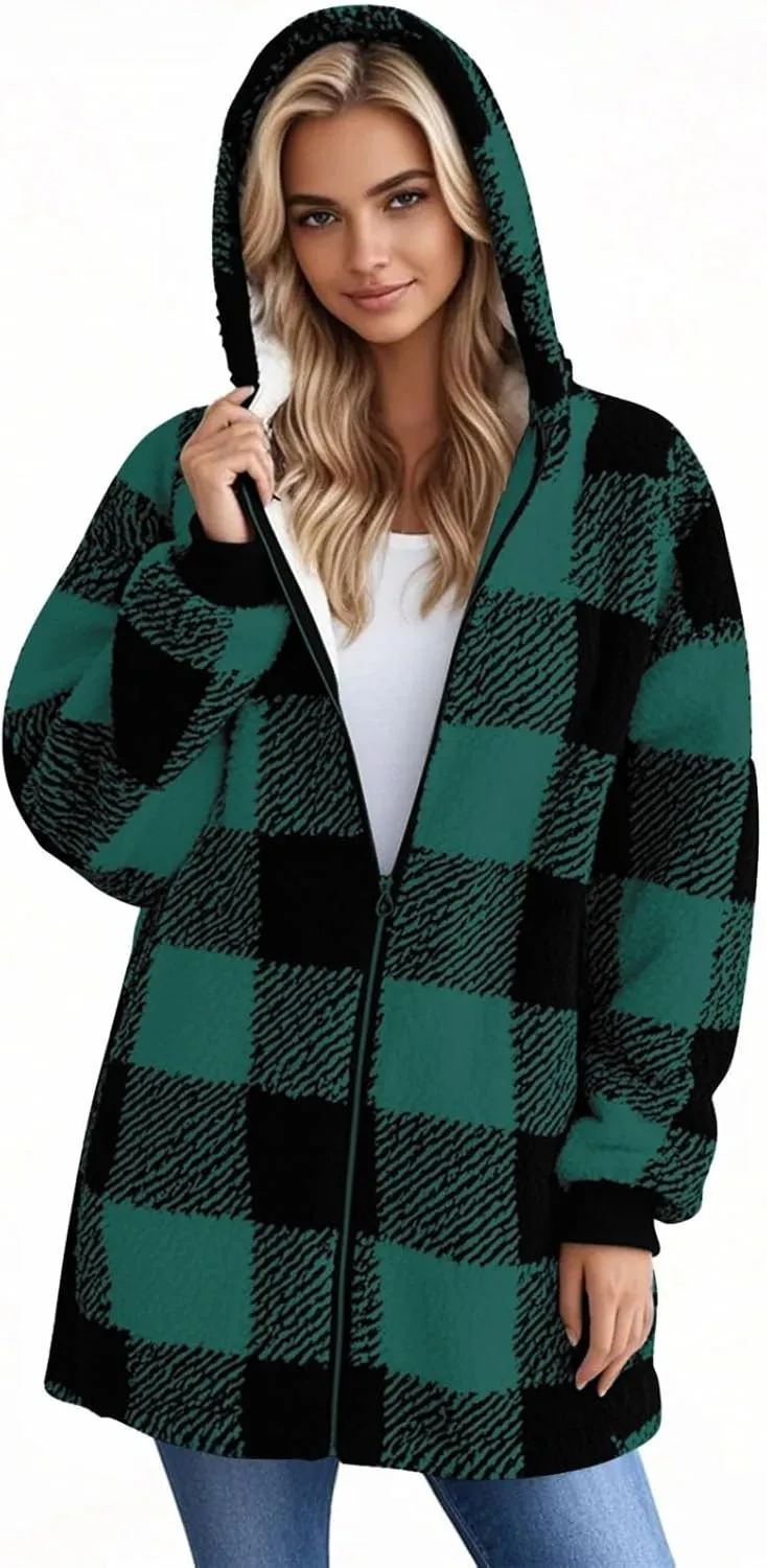 Oversized Sherpa Jacket Women Plus Size Plaid Fleece Full Zip Winter Coat Comfy Fuzzy Cardigan Sweater Hooded Outwear