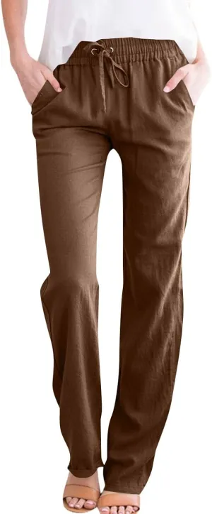 Petite Pants for Women High Waisted Straight Leg, Stretch Active Pants for Women Linen Business Casual Trousers