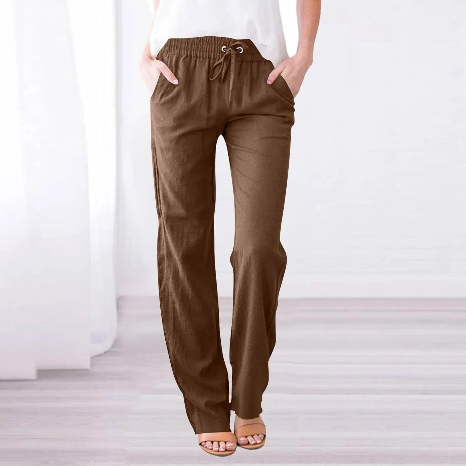 Petite Pants for Women High Waisted Straight Leg, Stretch Active Pants for Women Linen Business Casual Trousers