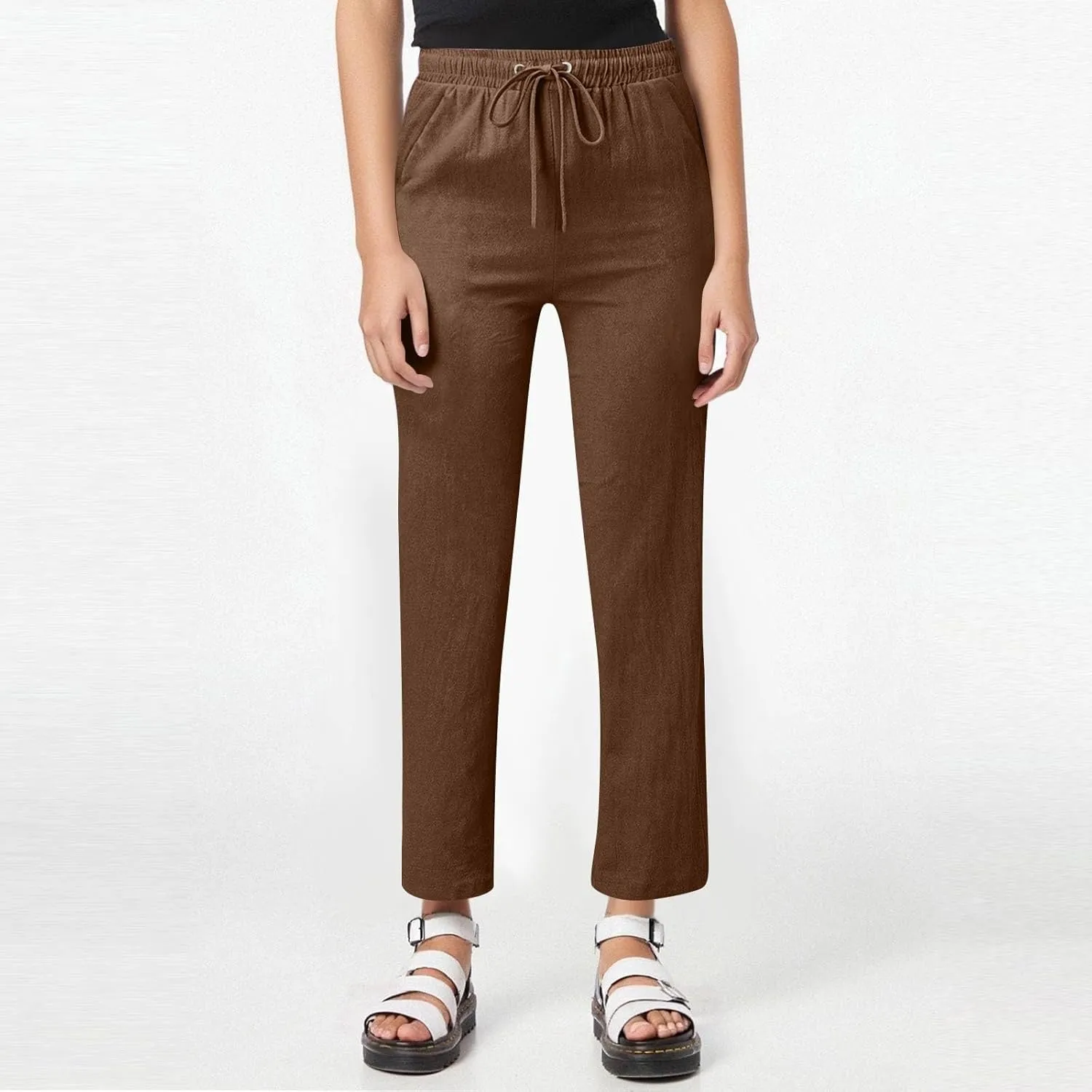 Petite Pants for Women High Waisted Straight Leg, Stretch Active Pants for Women Linen Business Casual Trousers