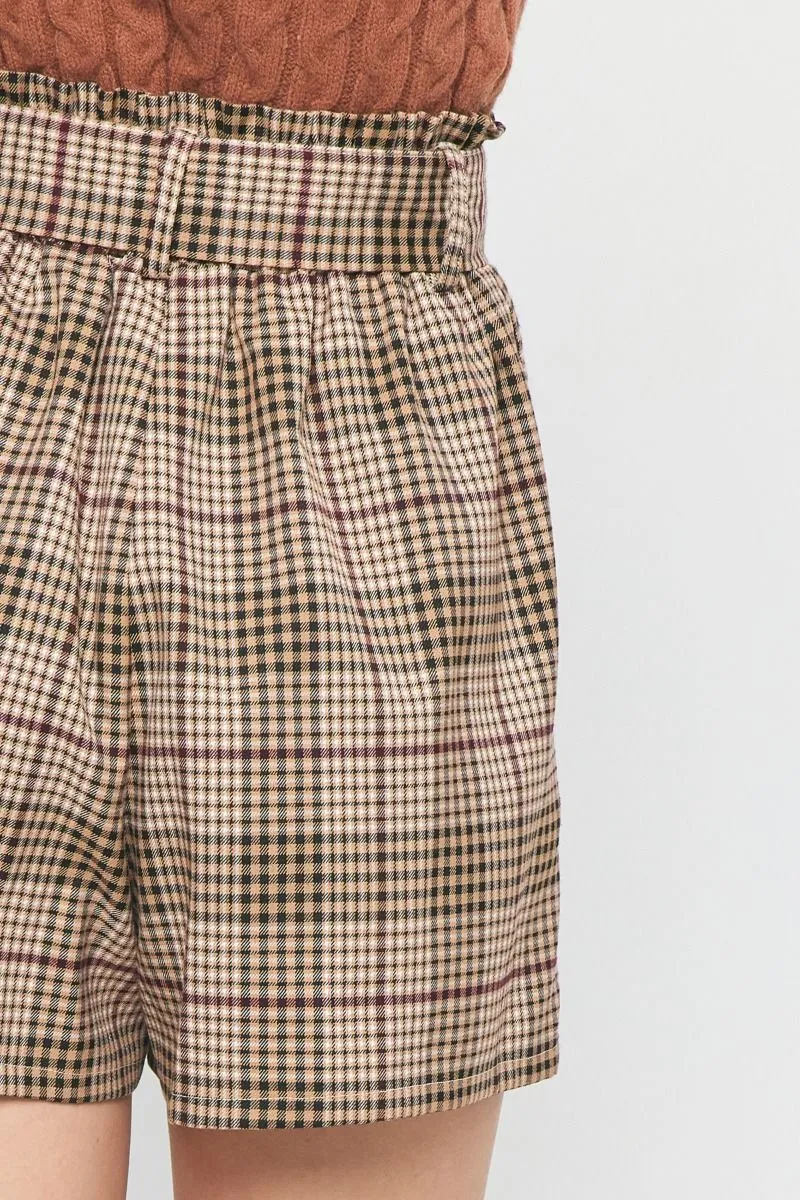 plaid high waist paper bag shorts