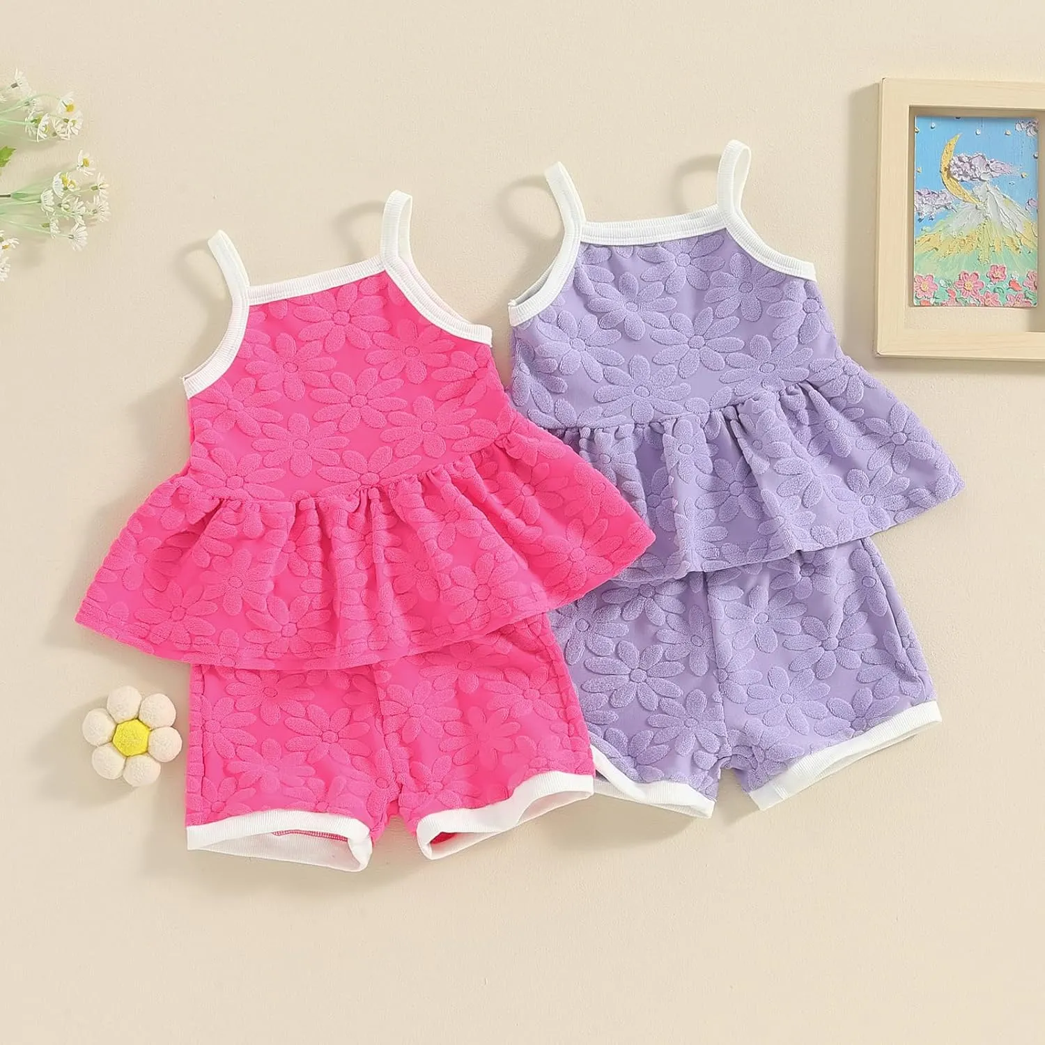 Qiylii Toddler Girls Summer Short Sets Sleeveless Strap Ruffle Mini Dress Tops and Shorts 2PC Floral Summer Clothes