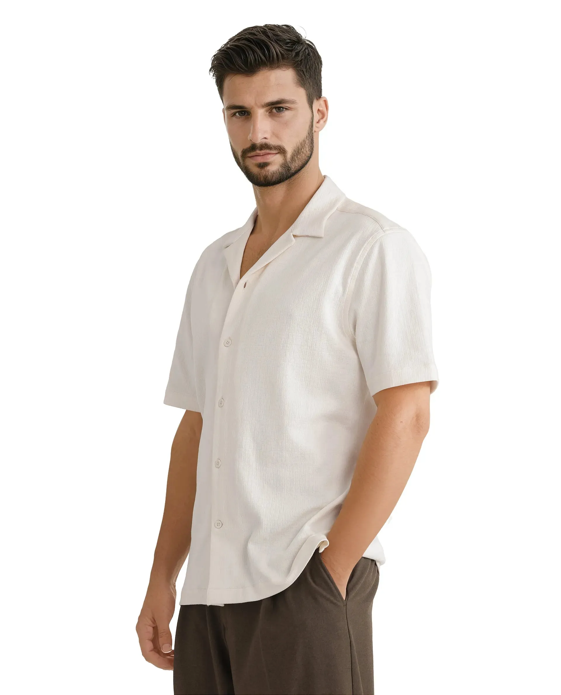 Rare Rabbit Men Kelos-Ss Off-White Short Sleeve Cuban Collared Plain Shirt