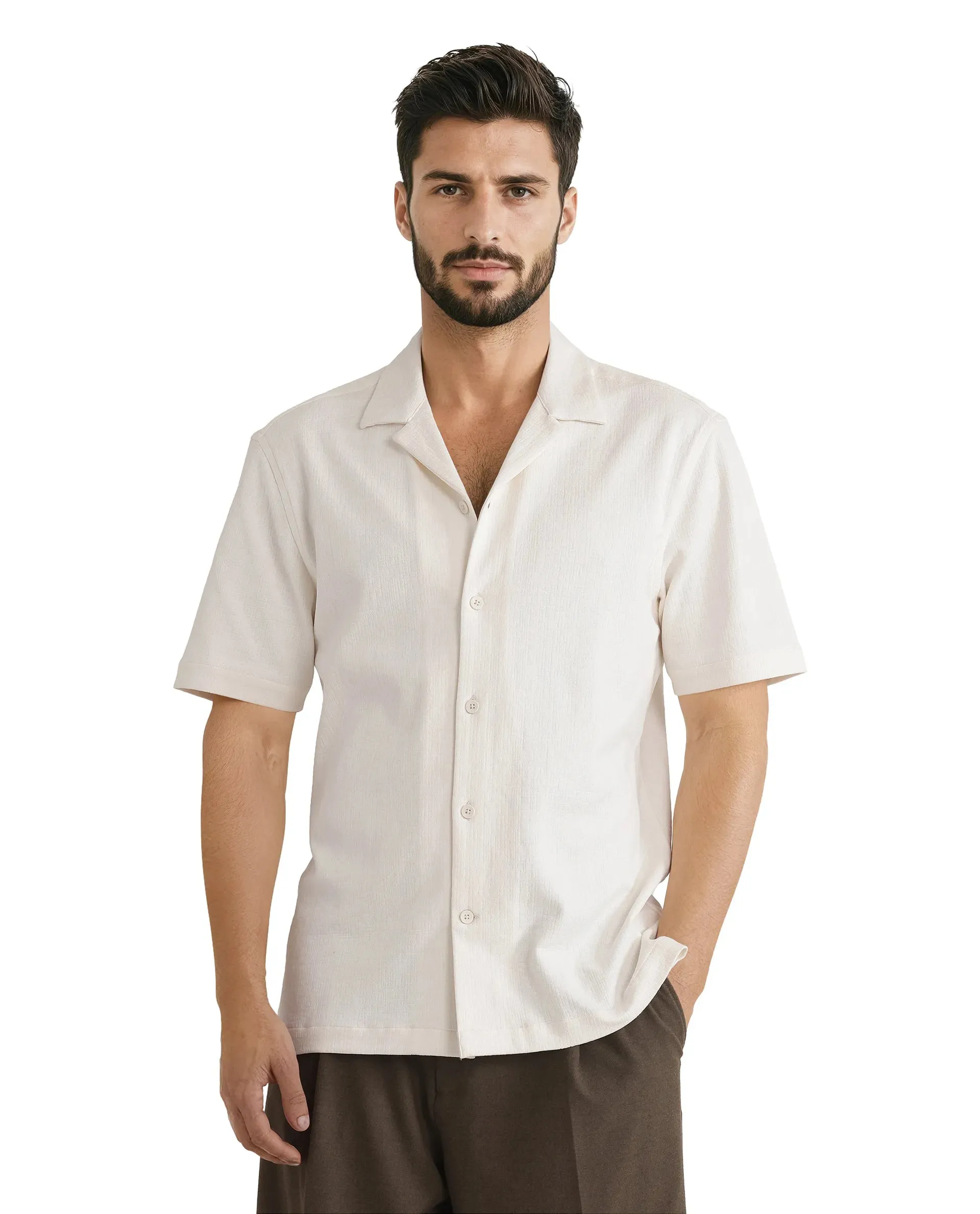 Rare Rabbit Men Kelos-Ss Off-White Short Sleeve Cuban Collared Plain Shirt