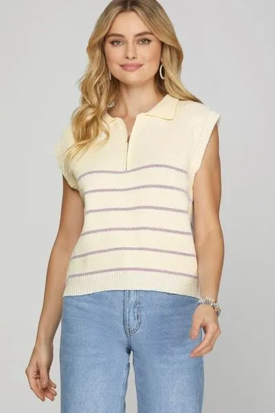 Ribbed Hem Striped Half Zip Top