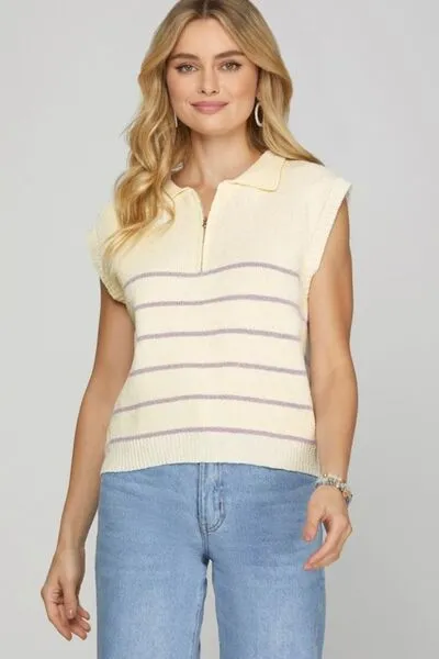 Ribbed Hem Striped Half Zip Top