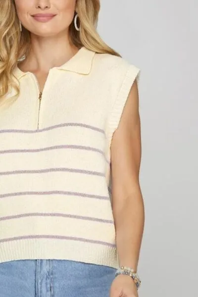 Ribbed Hem Striped Half Zip Top