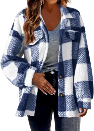 Sherpa Jacket for Women Fuzzy Fleece Winter Coats Plaid Button Down Shacket Casual Warm Teddy Coat Outwear