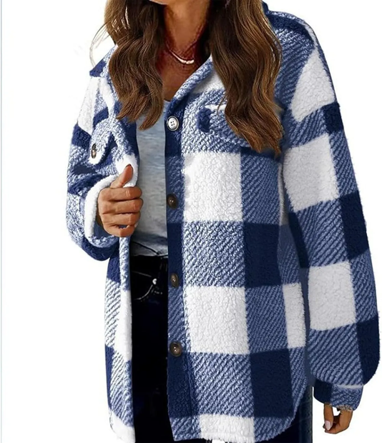 Sherpa Jacket for Women Fuzzy Fleece Winter Coats Plaid Button Down Shacket Casual Warm Teddy Coat Outwear