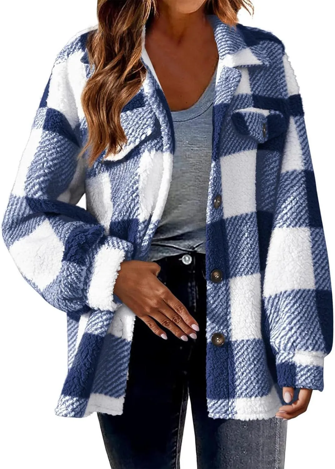 Sherpa Jacket for Women Fuzzy Fleece Winter Coats Plaid Button Down Shacket Casual Warm Teddy Coat Outwear