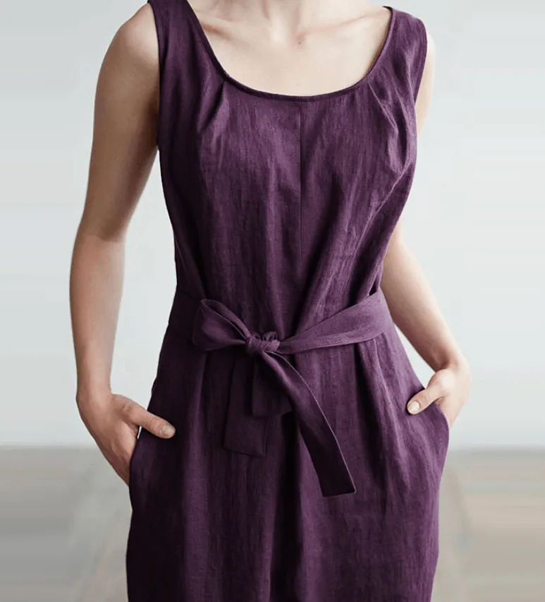 Sleeveless vest elegant high waist belt cotton casual jumpsuit trousers