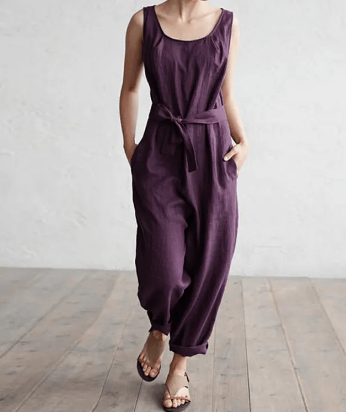 Sleeveless vest elegant high waist belt cotton casual jumpsuit trousers