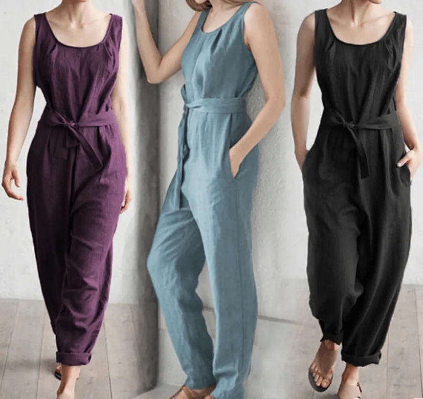 Sleeveless vest elegant high waist belt cotton casual jumpsuit trousers