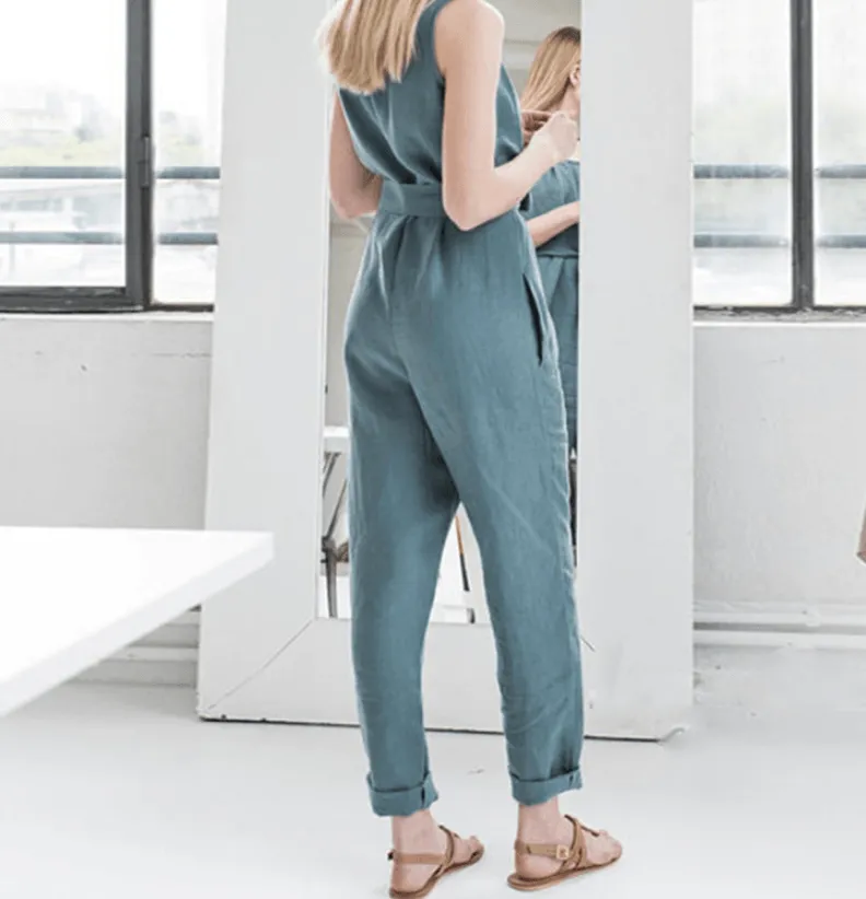 Sleeveless vest elegant high waist belt cotton casual jumpsuit trousers