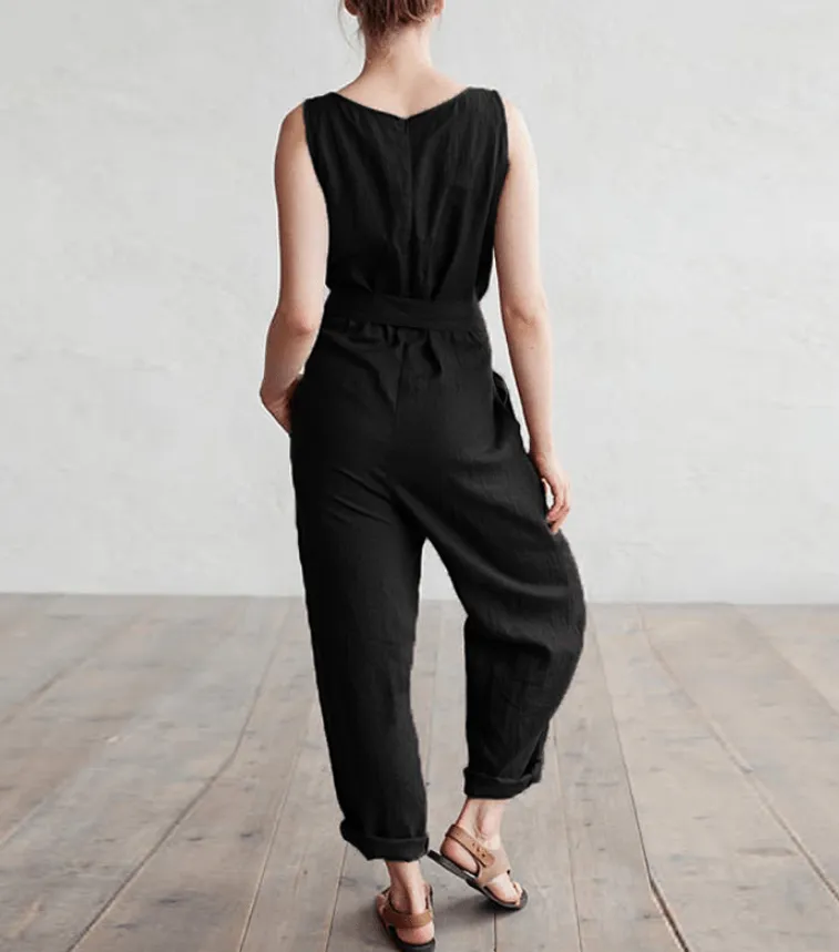 Sleeveless vest elegant high waist belt cotton casual jumpsuit trousers
