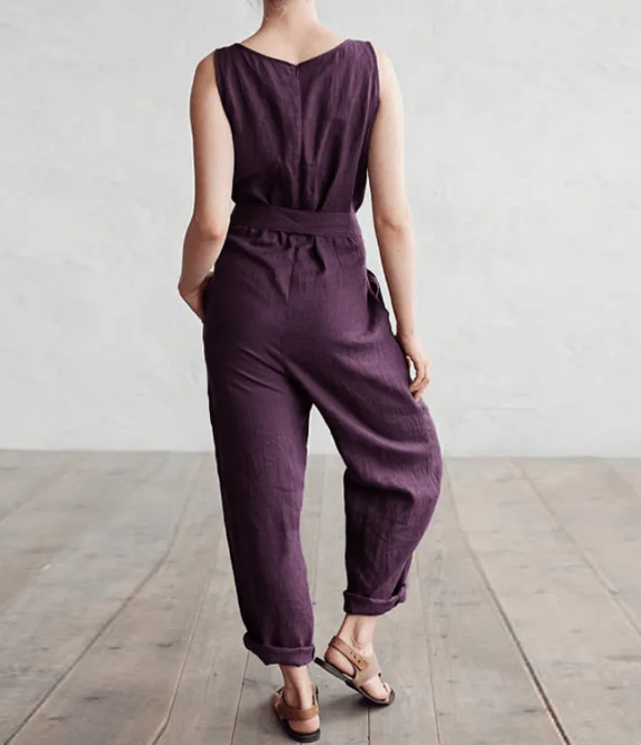 Sleeveless vest elegant high waist belt cotton casual jumpsuit trousers