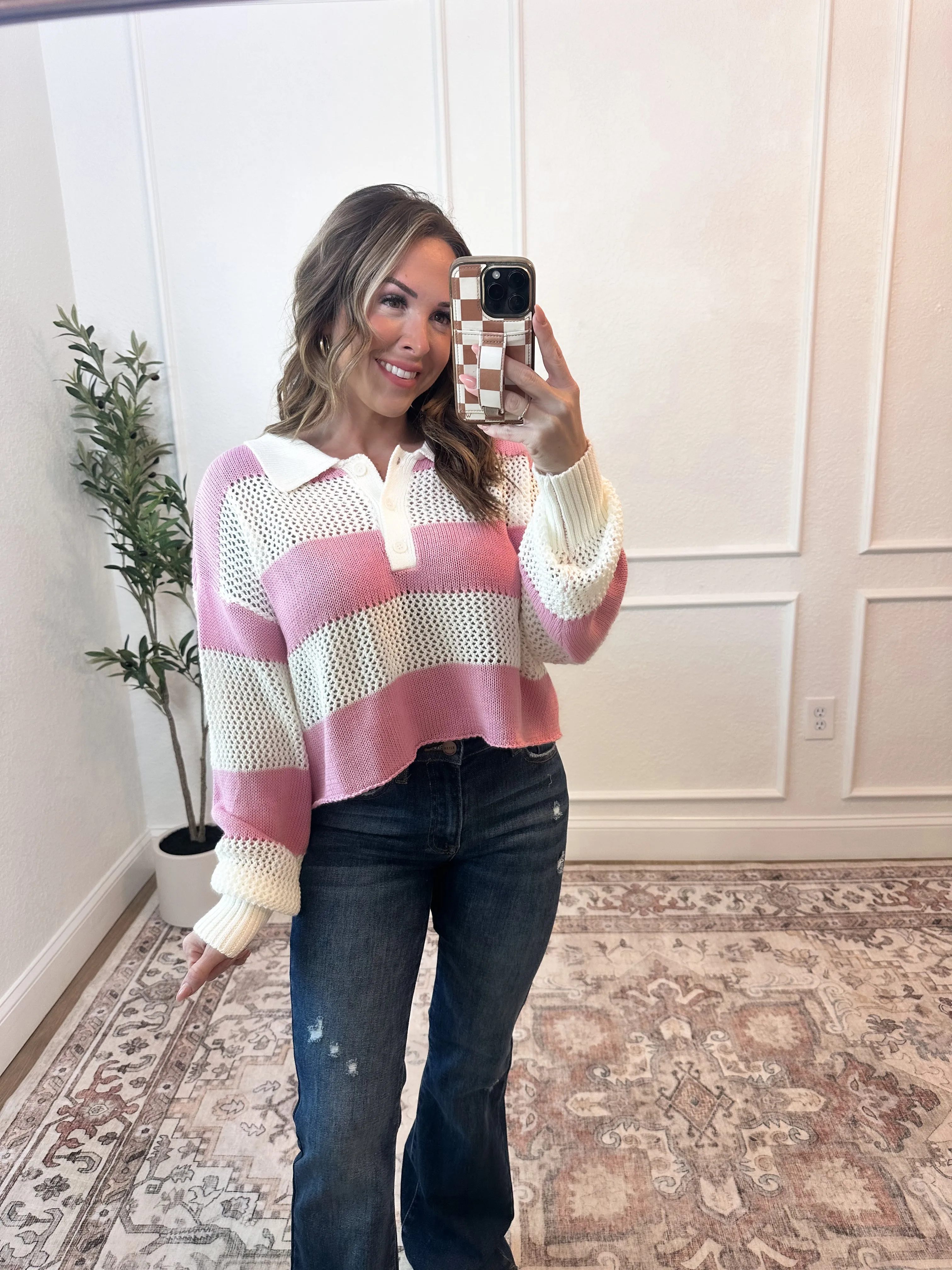 So Close Striped Crochet Sweater