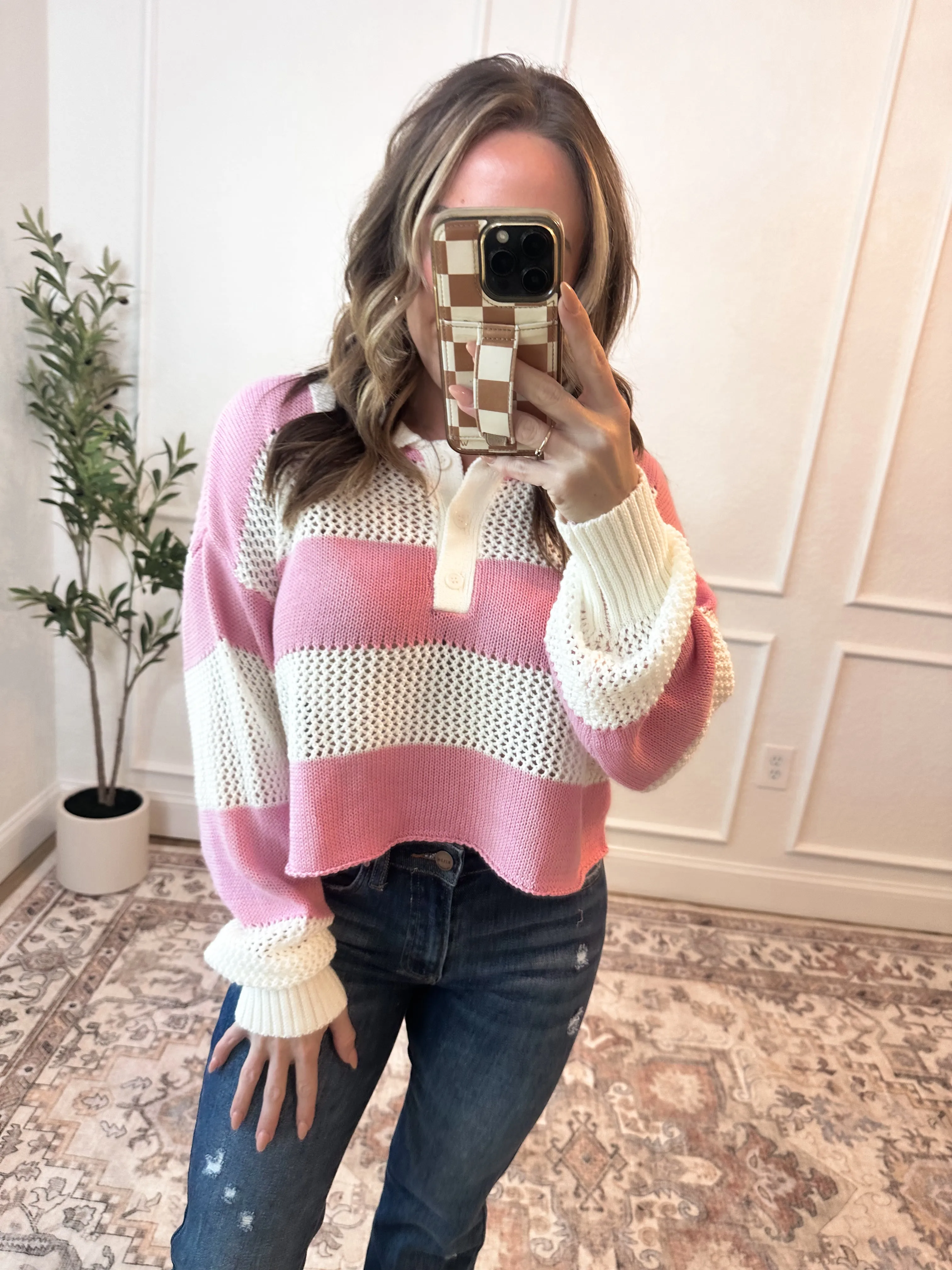 So Close Striped Crochet Sweater