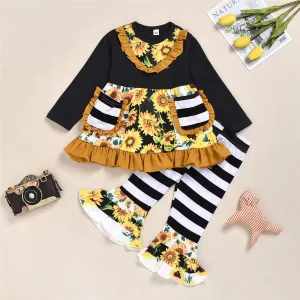 Toddler Girls Stripe Floral Print Long Sleeve Top & Bell Pants Girl Wholesale